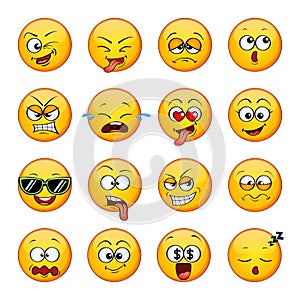 Emoji. Emoticons. Cute cartoon round faces with diferent emotion photo